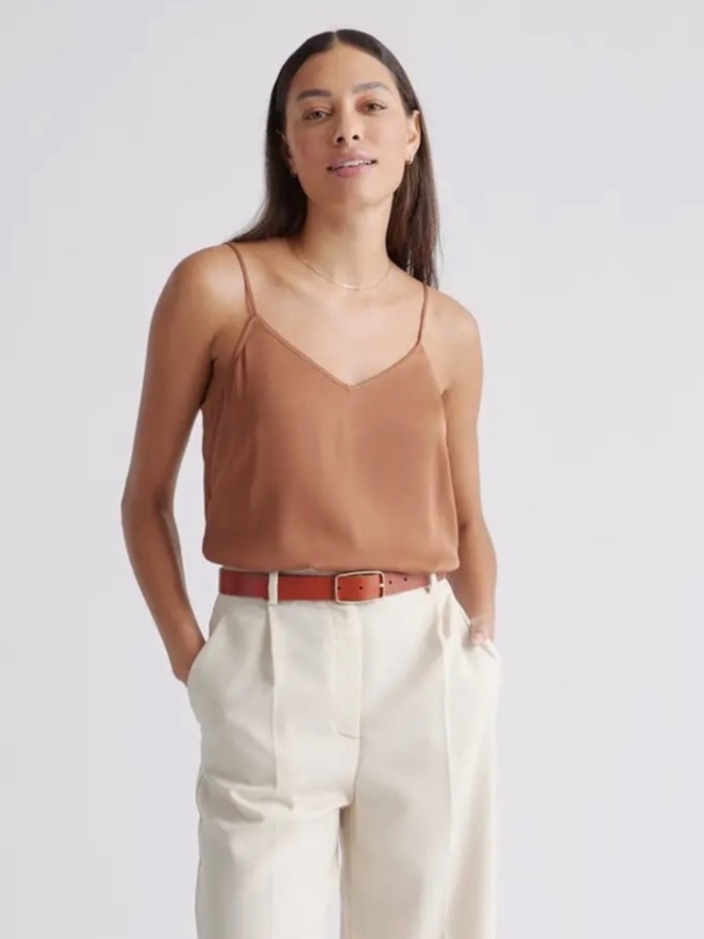 Quince Washable Stretch Silk V-Neck Cami Copper Brown Large